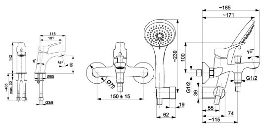 Set de cadă cu baterie + baterie de lavoar KFA Armatura 5241-003-00 MORRIS crom lucios