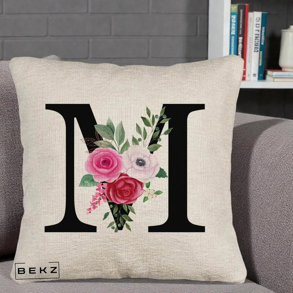 Cadou Personalizat - Perna Personalizata Monograma Florala Litera M cu Trandafiri si Anemona, 40x40 cm, Bej Canapea, Husa Detasabila, Perna Inclusa, BEKZ®