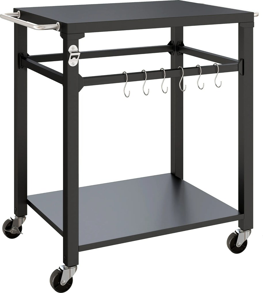 Outsunny Servantă de grădină cărucior de grătar pe roți cu cârlige, mânere, roți blocabile, 90,5x55x88 cm, negru | Aosom Romania