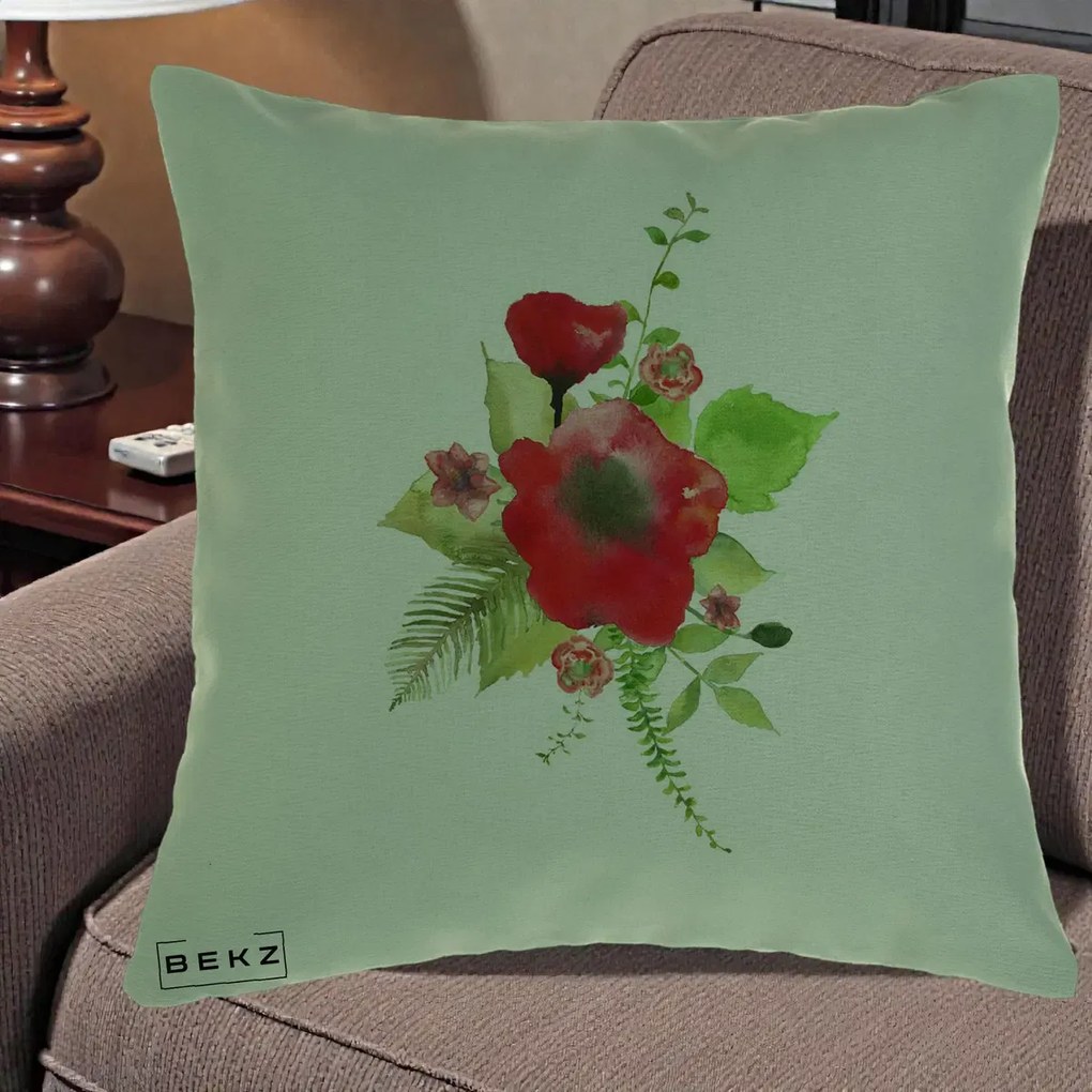 Perna Decorativa Buchet Rosu Acuarela, 40x40 cm, Verde, Husa Detasabila, Perna Inclusa, BEKZ®