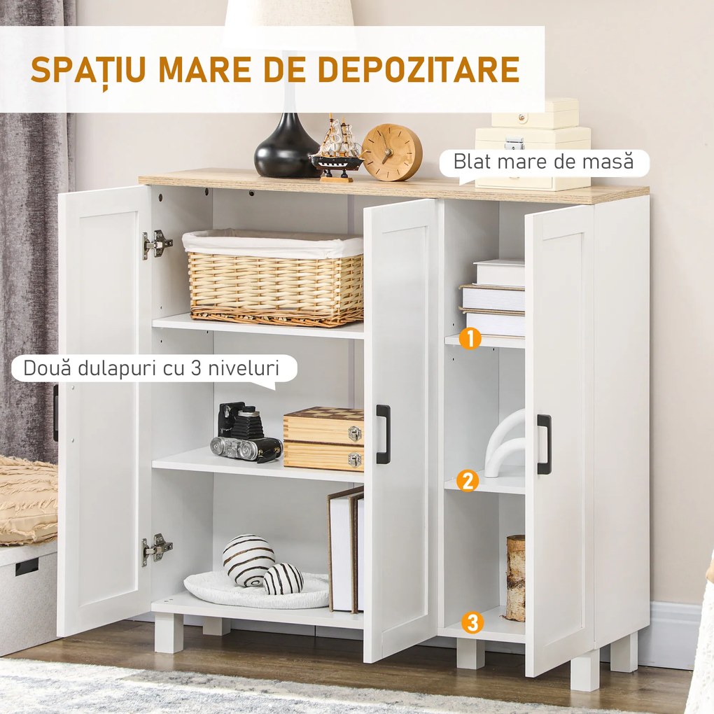 HOMCOM Bufet de Bucătărie din Lemn, Mobilier cu 3 Uși, Rafturi Reglabile, Stil Scandinav, pentru Living, Sufragerie, 90x30x90cm, Alb | Aosom Romania