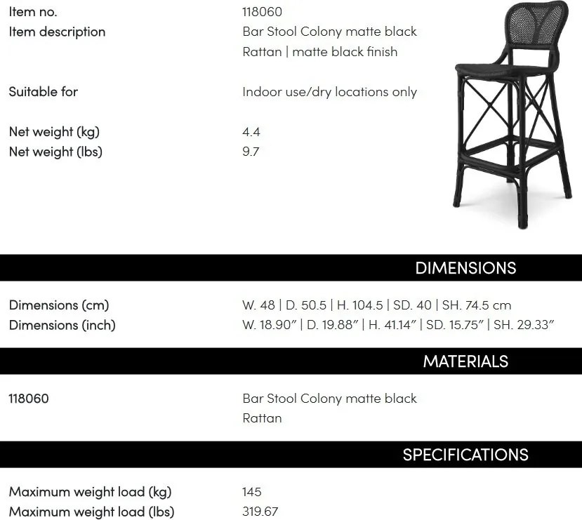 Scaun de bar din ratan design LUX, Colony negru