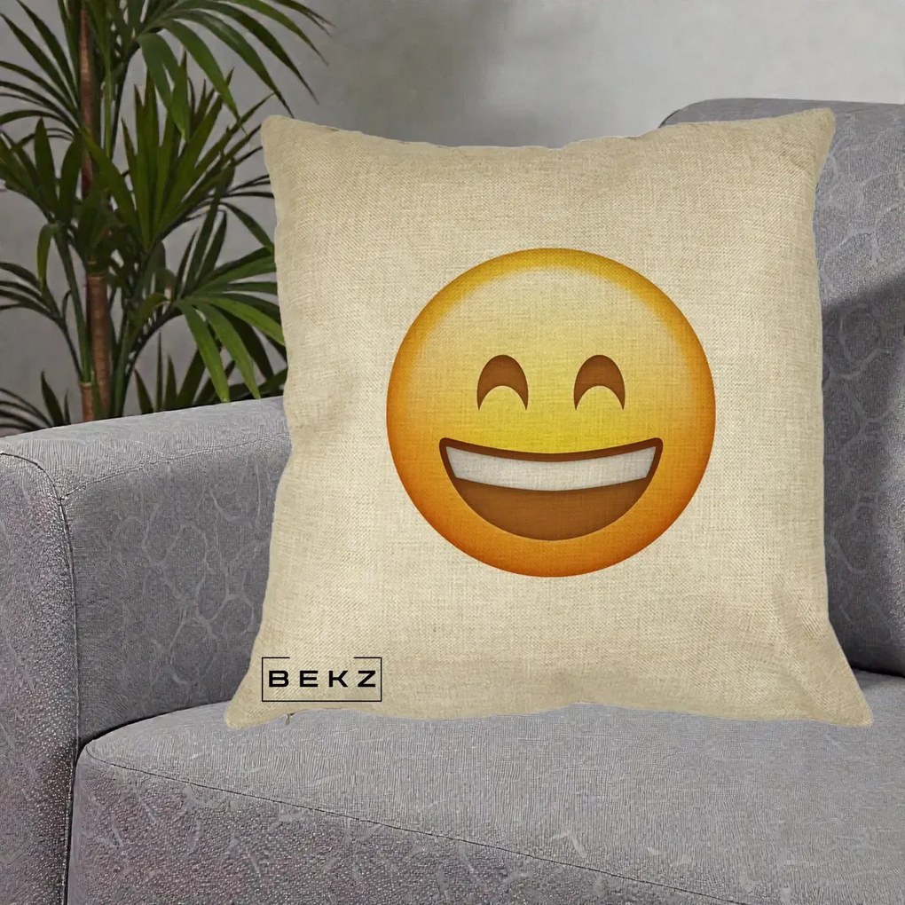 Perna Decorativa Emoji Zambet Mare, 40x40 cm, Crem, Husa Detasabila, Perna Inclusa, BEKZ®