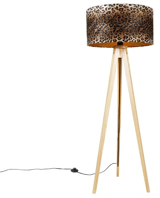Lampă de podea cu trepied natural cu abajur leopard 50 cm - Tripod Classic