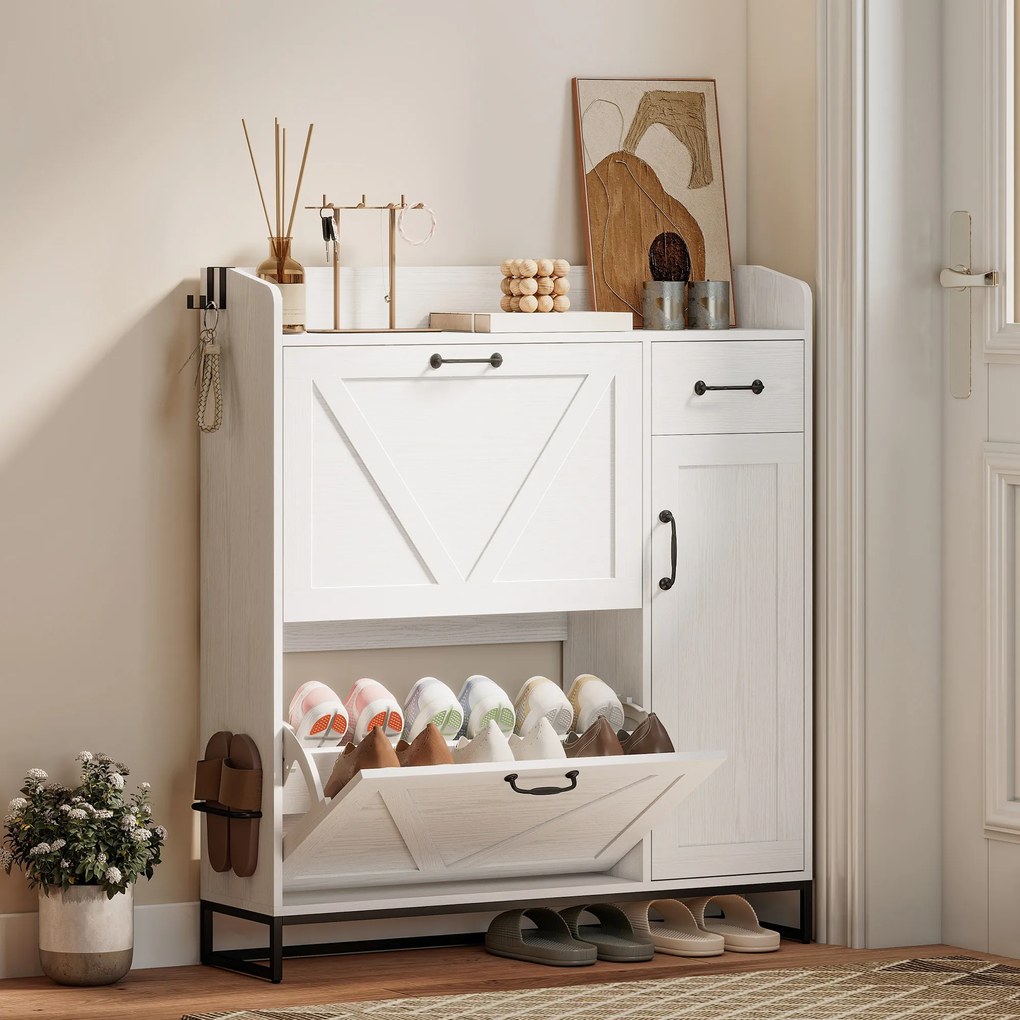 HOMCOM Pantofar îngust cu 2 sertare basculante și polițe reglabile pentru 12 perechi, pentru spații reduse, 106,7x26x116 cm, Alb | Aosom Romania