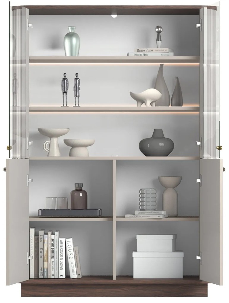 Vitrină cu patru uși pe soclu Vesper 103 cm - cașmir / nuc / mânere aurii