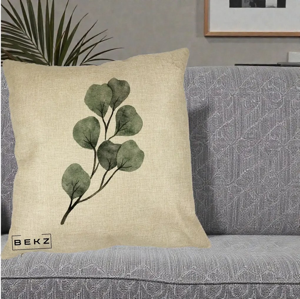 Perna Decorativa Ramura Eucalipt Acuarela, 40x40 cm, Crem, Husa Detasabila, Perna Inclusa, BEKZ®