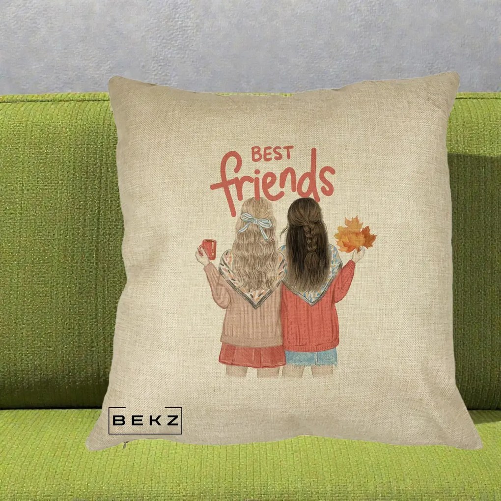 Cadou pentru Prieteni - Perna Personalizata Best Friends Toamna, 40x40 cm, Crem, Husa Detasabila, Perna Inclusa, BEKZ®