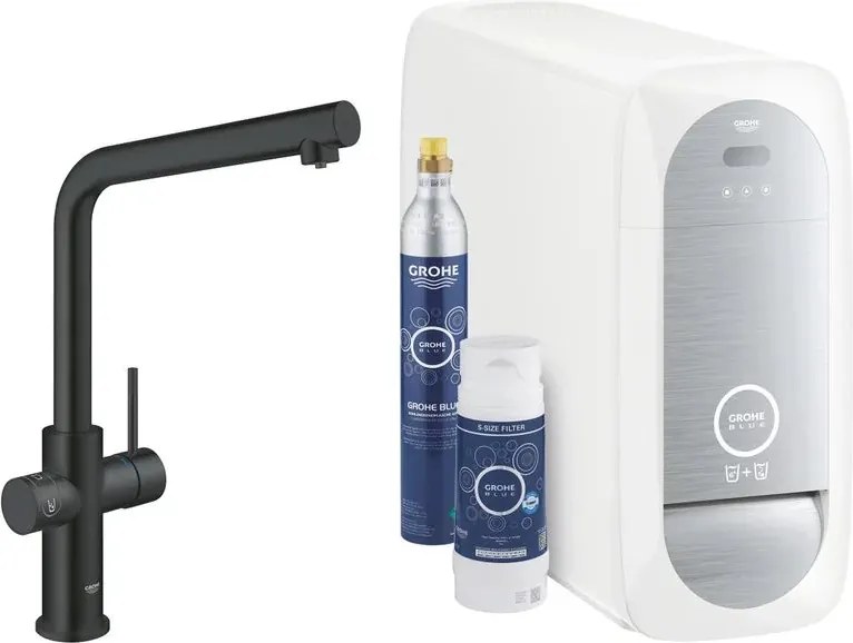 Baterie bucatarie Grohe Blue Home pipa tip L si Starter Kit negru mat