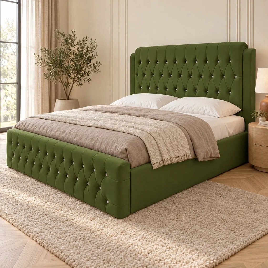 Pat tapițat Chesterfield din catifea Aveline Deluxe 180×200 cm, kaki, cu ladă de depozitare