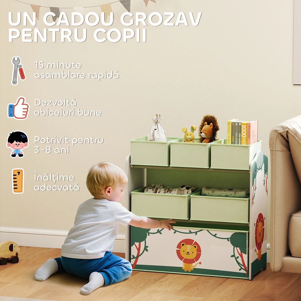 AIYAPLAY Raft pentru Jucării Copii cu 3 Niveluri și 6 Containere Detașabile din Material Textil, Mobilier Organizator pentru Dormitor, Cameră de Joacă și Sufragerie, Verde | Aosom Romania