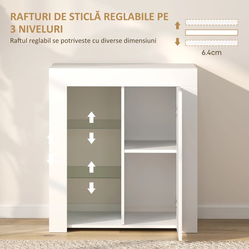 HOMCOM Dulap pentru Sufragerie cu Lumini LED, 3 Rafturi Deschise și un Dulăpior cu 2 Niveluri, 75x40,1x83 cm, Alb | Aosom Romania