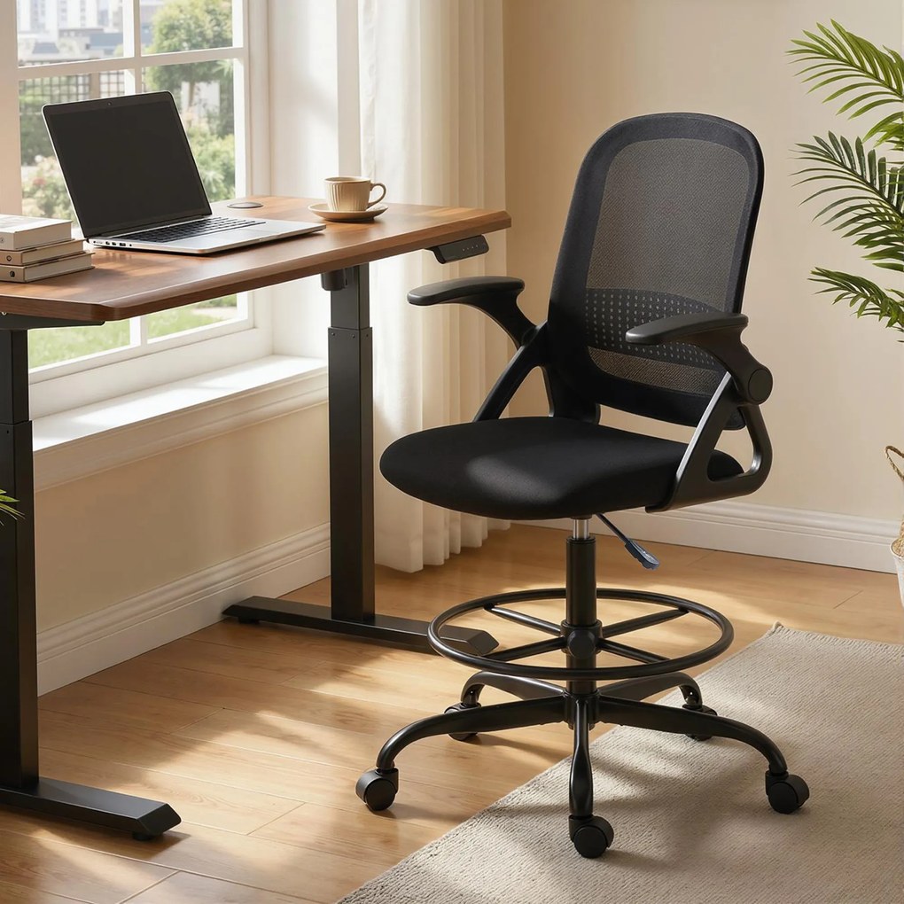 HOMCOM Scaun de Birou Ergonomic, Scaun Rotativ din Plasă, Înălțime Reglabilă și Suport pentru Picioare, Scaun de Birou cu Suport Lombar și Brațe Rabatabile, Capacitate 120kg, Negru | Aosom Romania