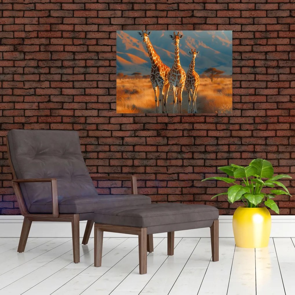 Tablou pe sticlă - Girafe pe pășune (70x50 cm)