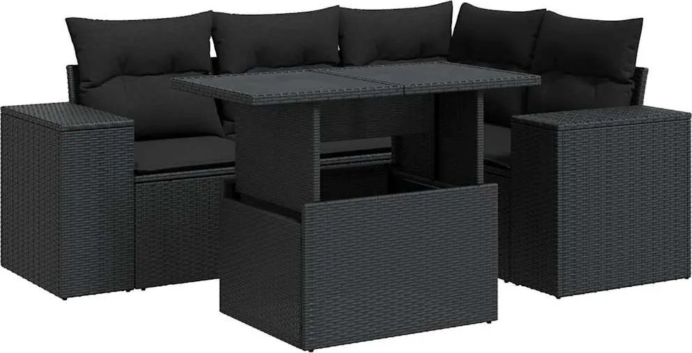 vidaXL Set mobilier de grădină cu perne, 5 piese, negru, poliratan