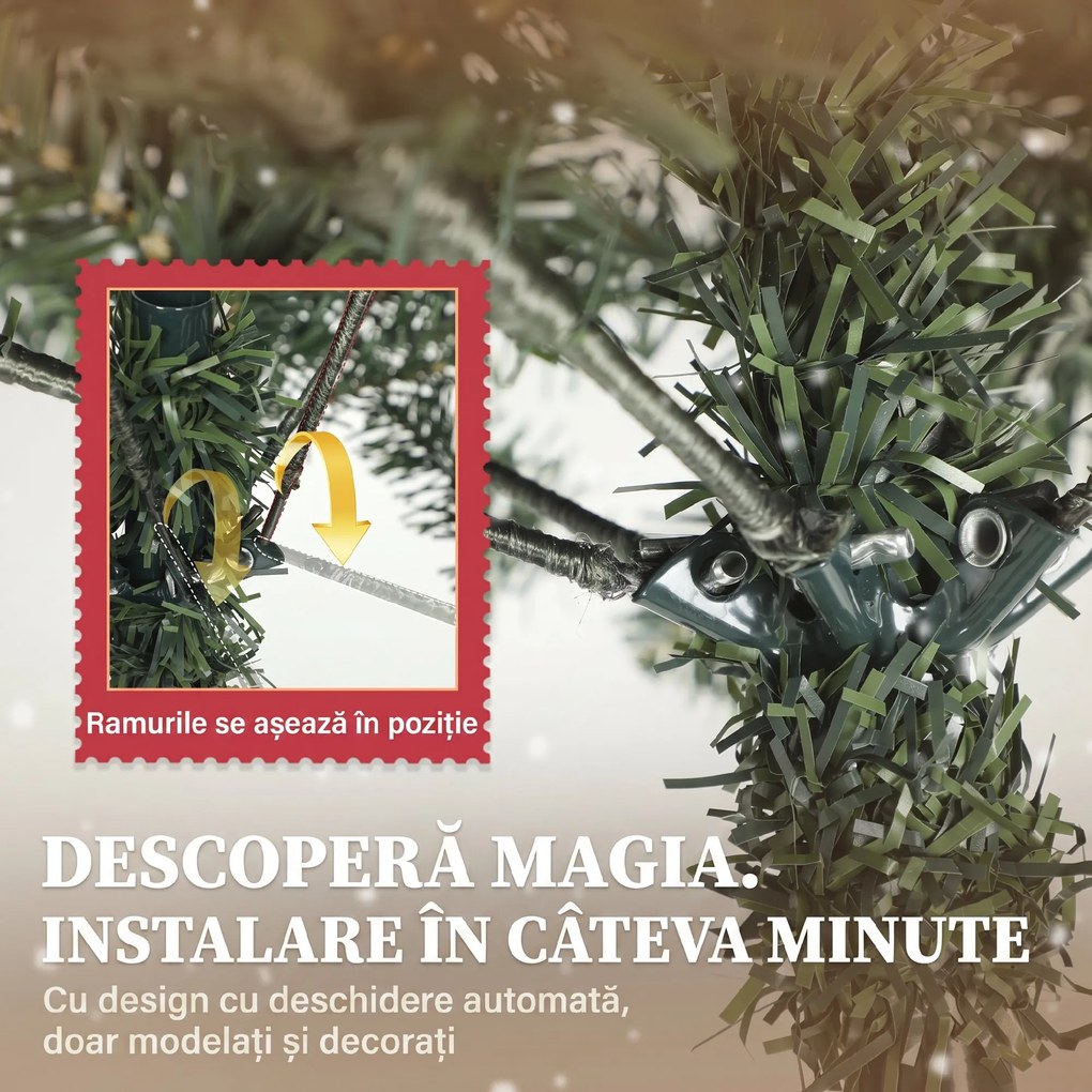 HOMCOM Brad de Crăciun Înalt Înzăpezit 180 cm cu 620 de Ramuri, Brad Artificial de Interior cu Conuri și Boabe Roșii Decorative, Bază din Metal, Verde | Aosom Romania
