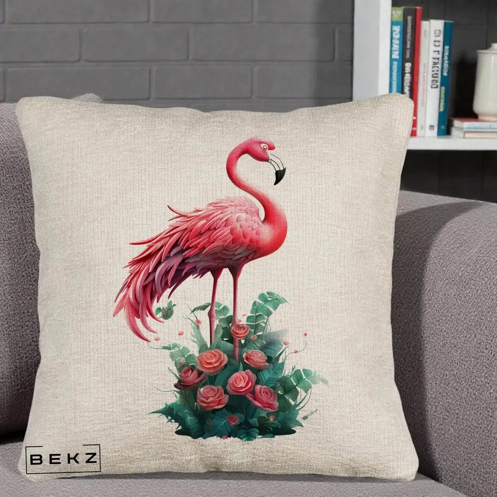 Perna Decorativa Flamingo cu Trandafiri Tropicali, 40x40 cm, Bej Canapea, Husa Detasabila, Perna Inclusa, BEKZ®