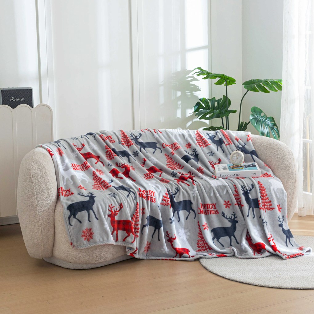 Patura de Craciun din microplus MERRY CHRISTMAS DEER gri Dimensiune: 200 x 220 cm