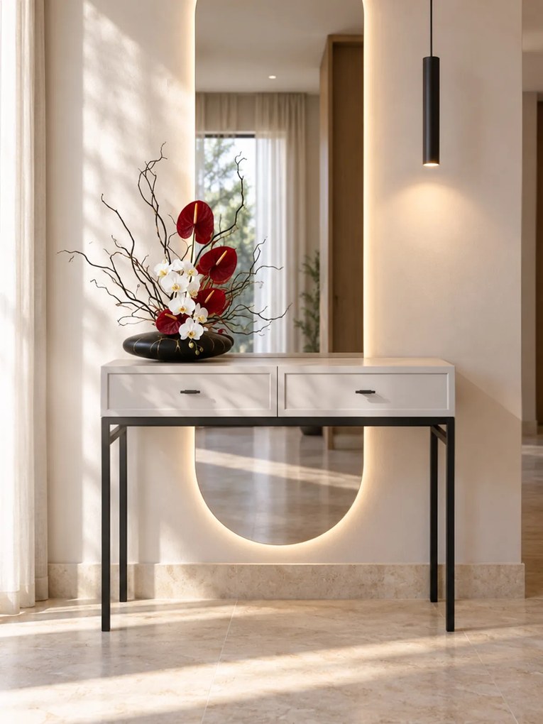 Consolă cu sertare Lorini 100 cm - cașmir / mânere negre T-bar / cadru metalic