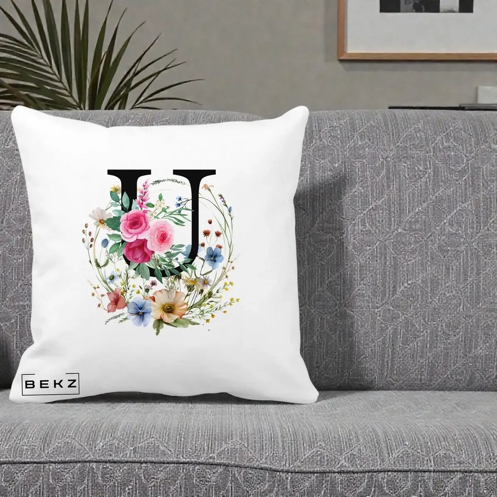 Cadou Personalizat - Perna Personalizata Monogram Litera U cu Flori Acuarela, 40x40 cm, Alba Mata, Husa Detasabila, Perna Inclusa, BEKZ®