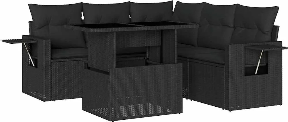vidaXL Set mobilier de grădină cu perne, 6 piese, negru, poliratan