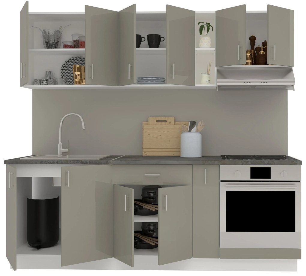 Set Bucatarie Karo V14, Gri Lucios/Alb, MDF, Blat Thermo 28 mm, L 220 cm