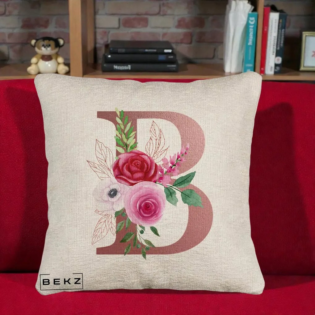 Cadou Personalizat - Perna Personalizata Monograma Rose Gold Litera B, 40x40 cm, Bej Canapea, Husa Detasabila, Perna Inclusa, BEKZ®