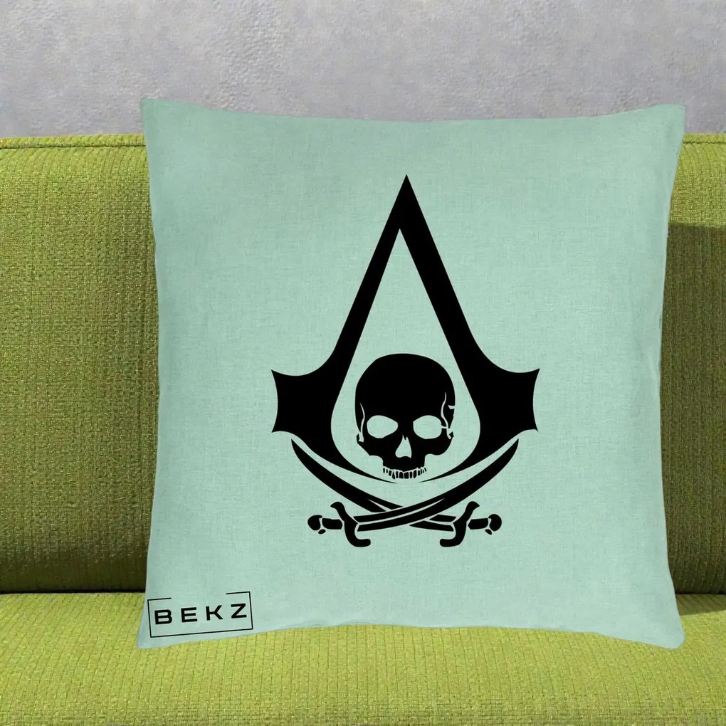 Perna Personalizata Assassin's Creed Black Flag Skull, 40x40 cm, Verde Menta, Husa Detasabila, Perna Inclusa, BEKZ®