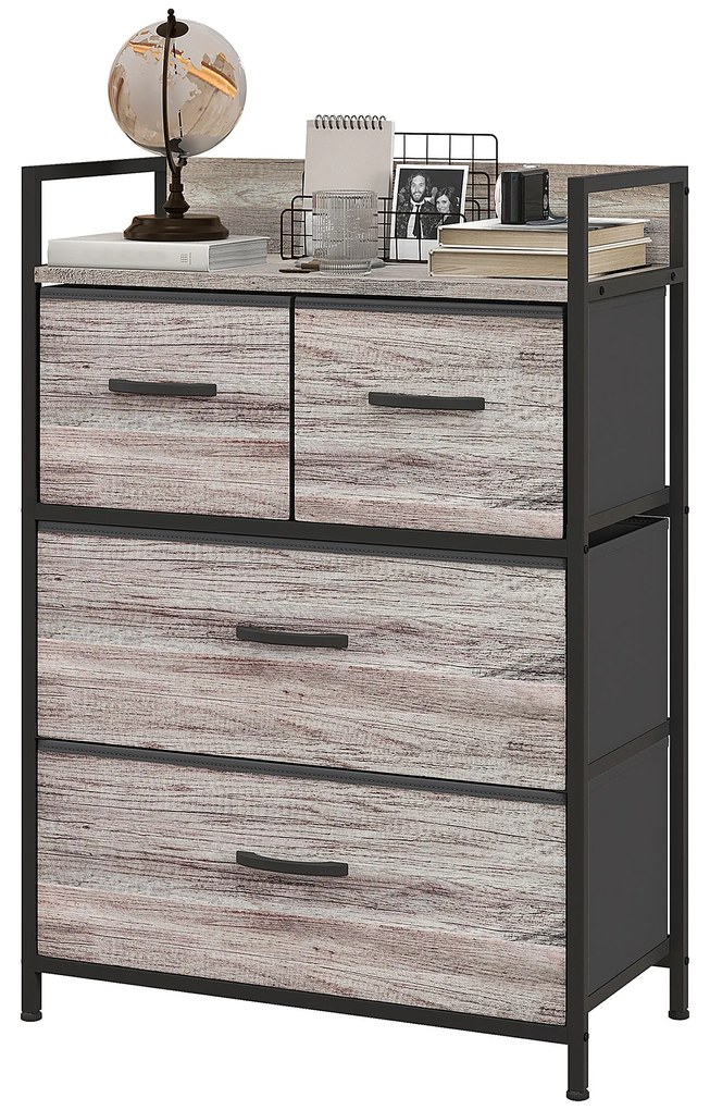 HOMCOM Mobilier de depozitare stil industrial comodă 4 sertare din material textil pliabile și detașabile și 1 raft 60 x 29 x 85 cm gri | Aosom Romania