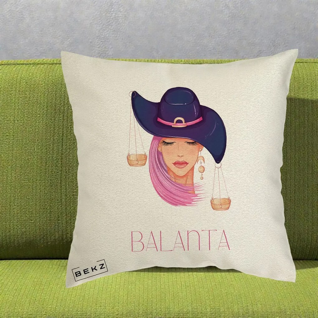 Perna Personalizata Zodiac Balanta Cowgirl, 40x40 cm, Ecru, Husa Detasabila, Perna Inclusa, BEKZ®