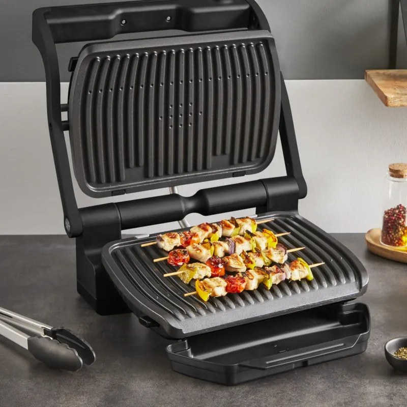 Gratar electric Tefal OptiGrill+ GC717810, 2000W, 6 programe, Acoperire antiaderenta Teflon, Ecran tactil, Smart grill, Max 240C, Negru