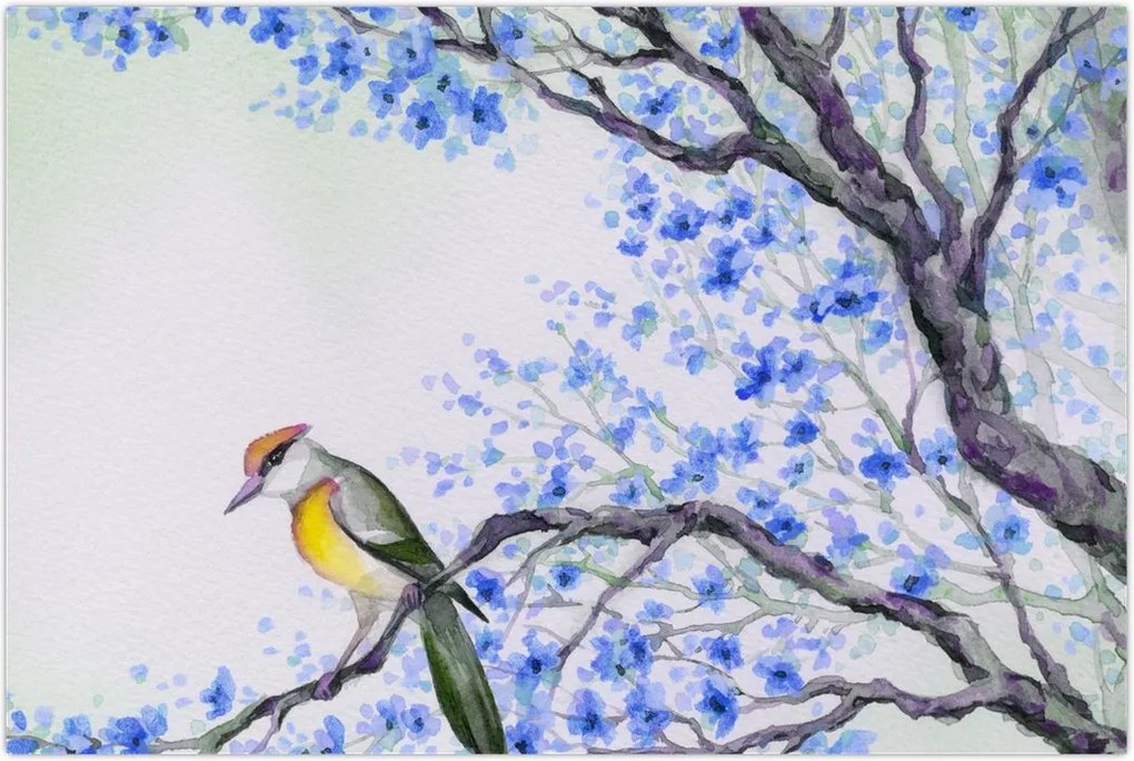Tablou - Pasăre pe un copac cu flori albastre (90x60 cm)