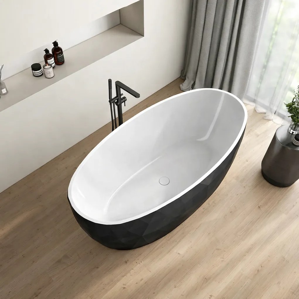 Cada freestanding compozit, negru cu alb, forme 3D, ovala 167 x 82 cm, Foglia Ovale Negru/Alb