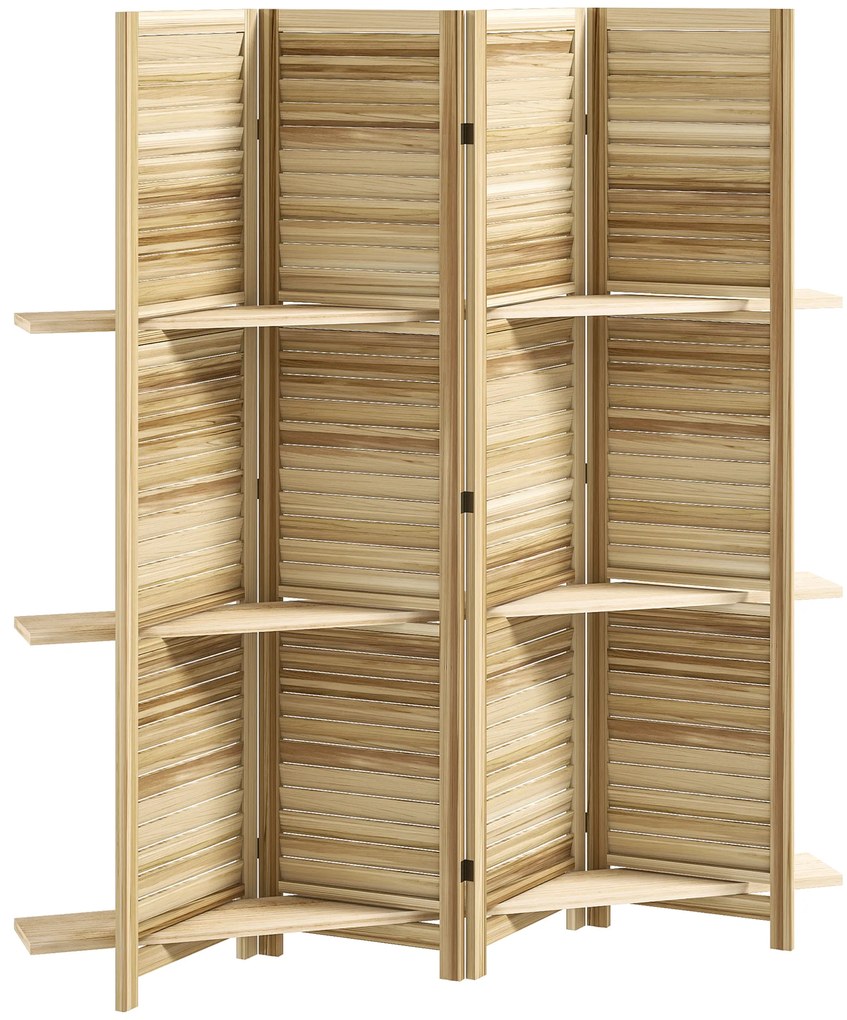 HOMCOM Paravan interior din lemn 4 panouri 160 x 170 cm, separator de cameră pliabil cu 3 rafturi, lemn natural | Aosom Romania
