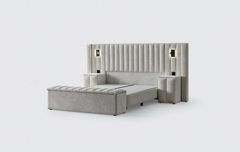 Boxspring ~FLORIDA~ lada de depozitare, saltea cu topper, material boucle, culoare bej 180x200