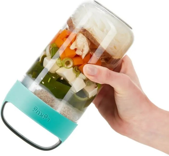 Sticla cu compartimente Lekue On The Go 1010225, 600 ml, -20/+100 °C, Inchidere ermetica, Maner, Turcoaz