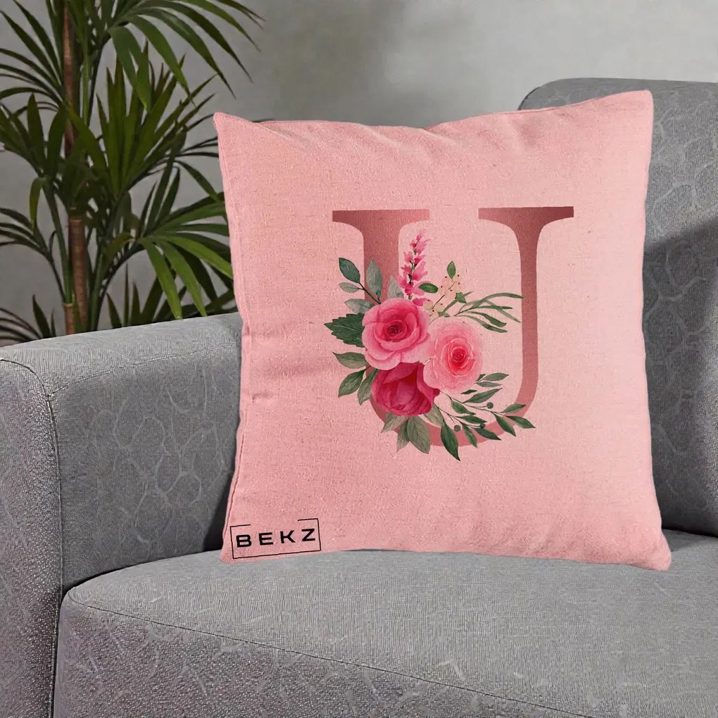 Cadou Personalizat - Perna Personalizata Monograma Rose Gold Litera U, 40x40 cm, Roz, Husa Detasabila, Perna Inclusa, BEKZ®