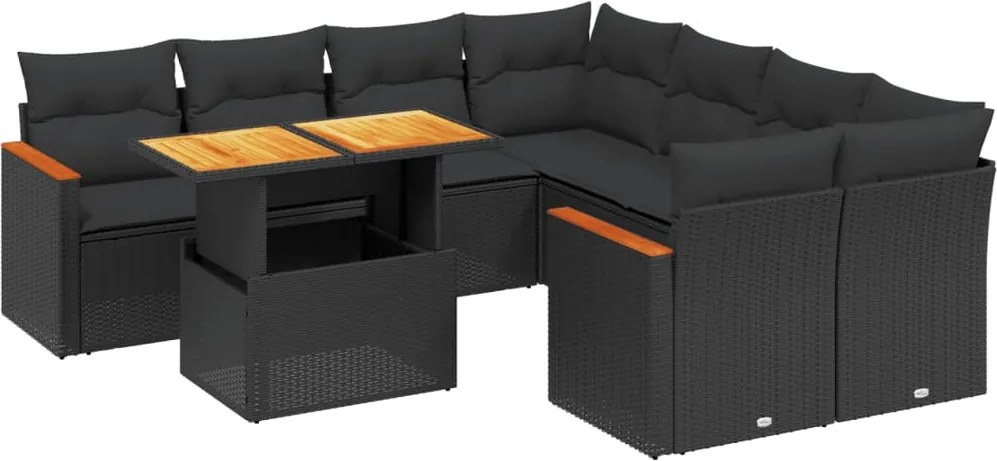 vidaXL Set mobilier de grădină cu perne, 9 piese, negru, poliratan
