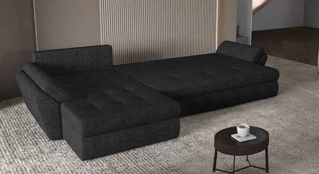 Colțar extensibil dumonde cu ladă de depozitare si sezut confortabil din spuma high-density, Loana XL Enjoy Negru II 335x185 cm