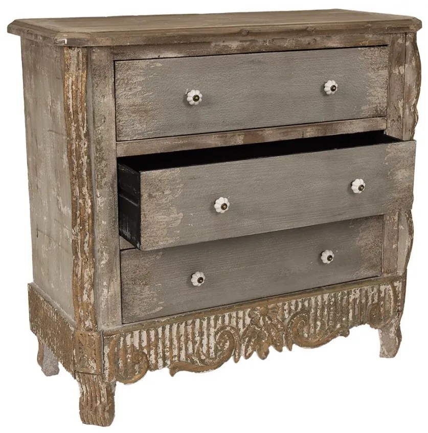 Comoda bej, din lemn masiv, aspect vintage, 3 sertare, Beauclair