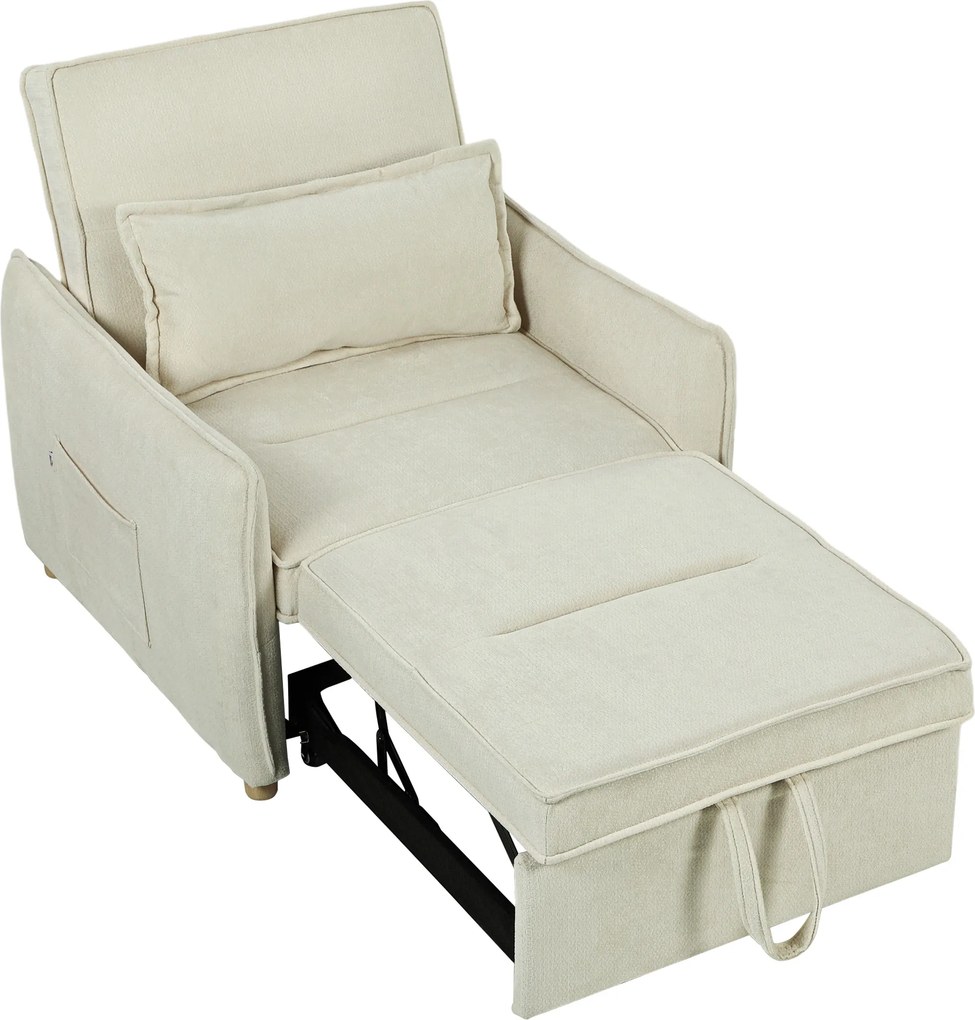 HOMCOM Fotoliu extensibil 3-în-1, fotoliu transformabil cu funcție de pat, pernă lombară, pentru living, crem | Aosom Romania
