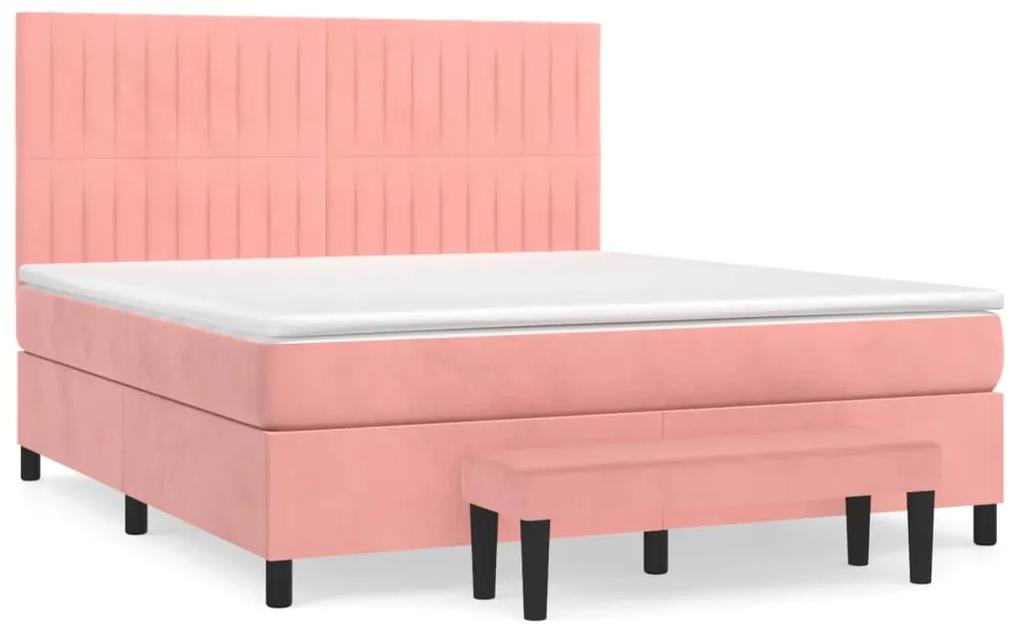 Pat box spring cu saltea, roz, 160x200 cm, catifea Roz, 160 x 200 cm, Benzi verticale