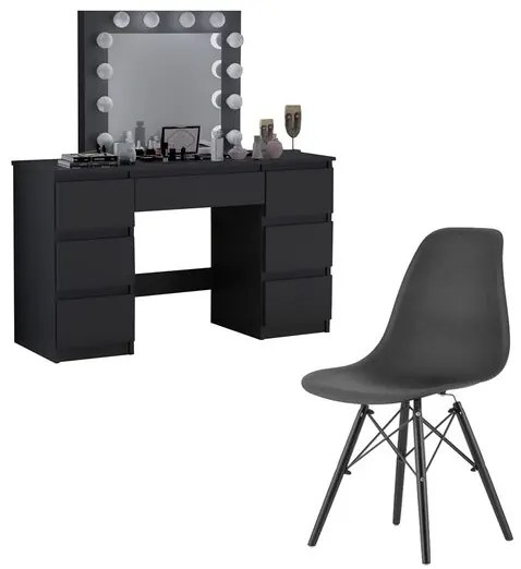 Masa de toaleta/machiaj + scaun stil scandinav, Artool, Vanessa, negru, cu oglinda si LED-uri, 130x43x143 cm