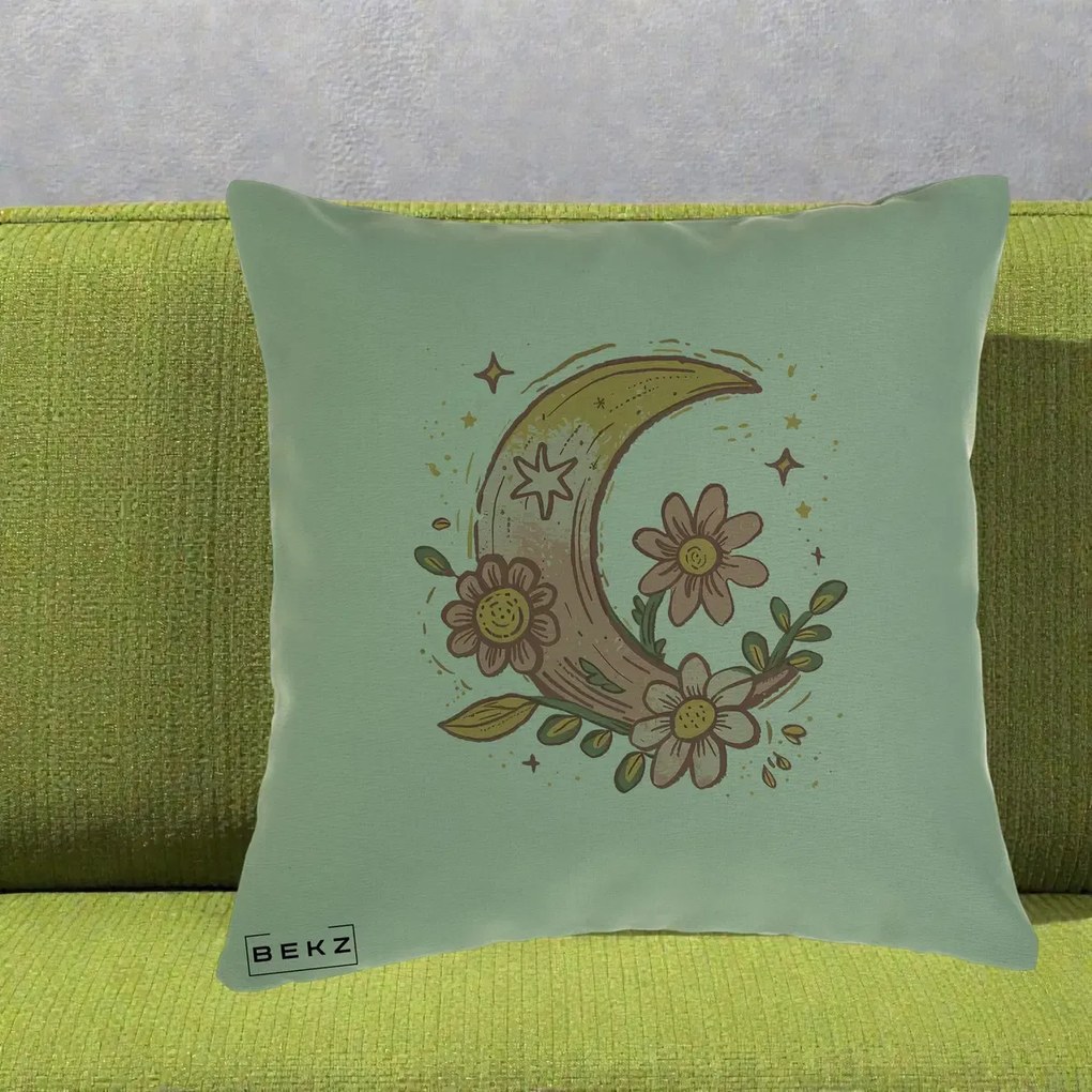 Perna Decorativa Luna Florala Boho, 40x40 cm, Verde, Husa Detasabila, Perna Inclusa, BEKZ®
