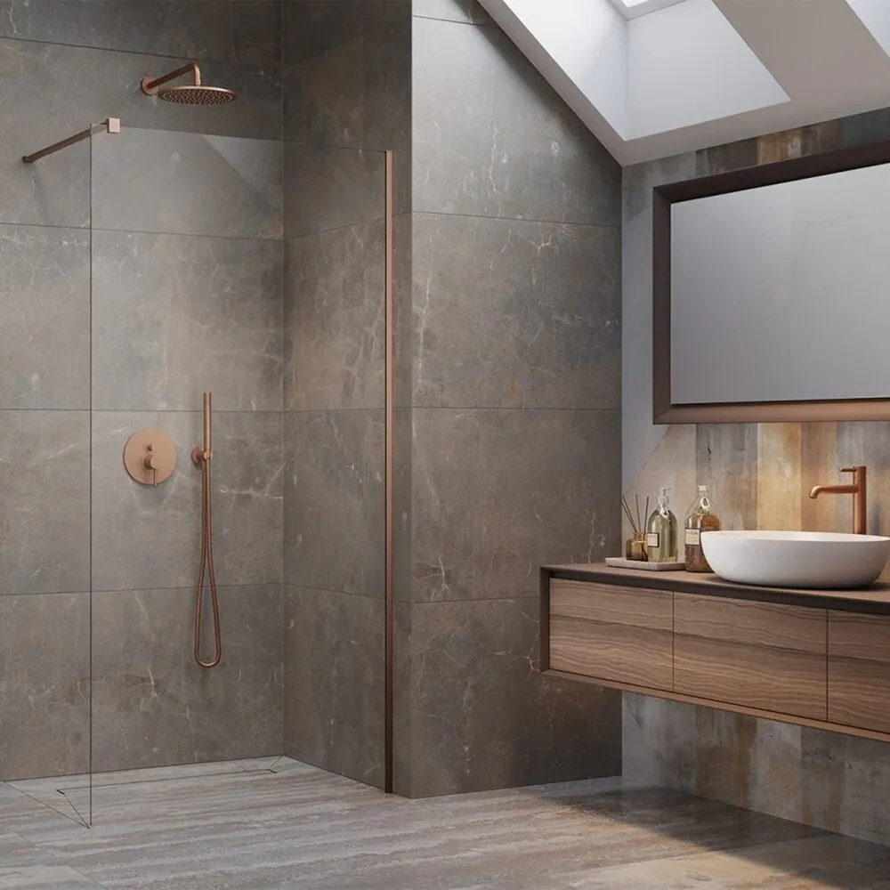 Paravan de dus tip Walk-in Radaway Modo New II cupru periat-transparent 120 cm sticla securizata 8 mm