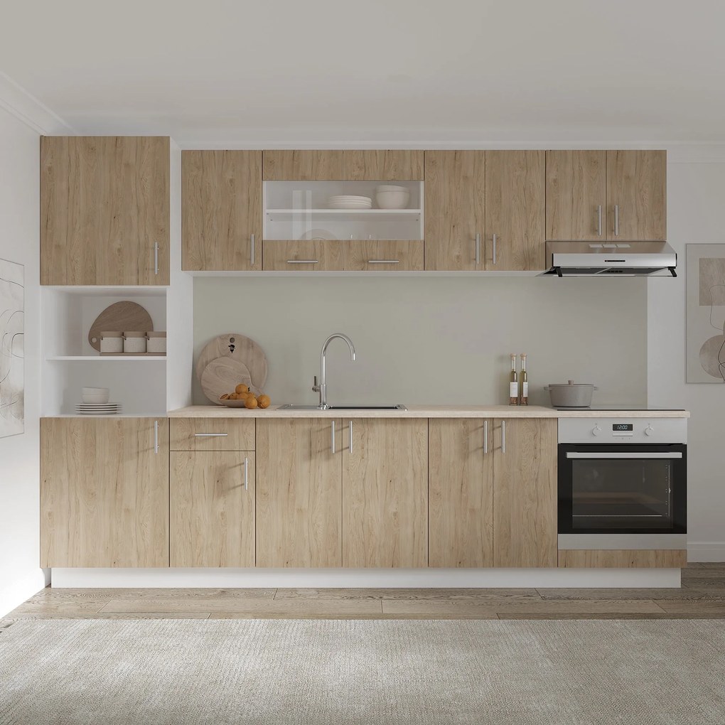 Corp haaus Karo, 2 Usi, cu spatiu cuptor, Lemn Natural/Alb, 60 x 57 x 210 cm