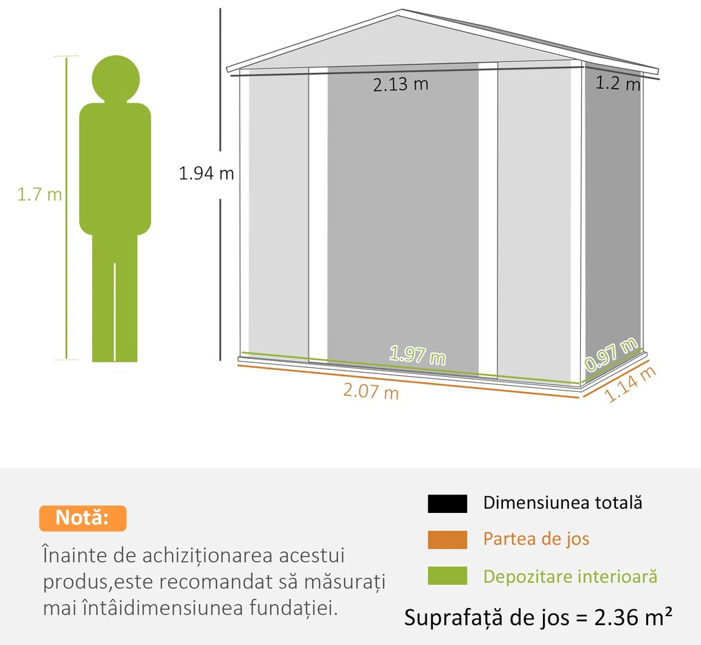 Outsunny Magazie de Grădină din Tablă de Oțel cu 4 Orificii de Ventilație și 2 Uși Glisante, 213x120x194 cm, Gri Închis | Aosom Romania