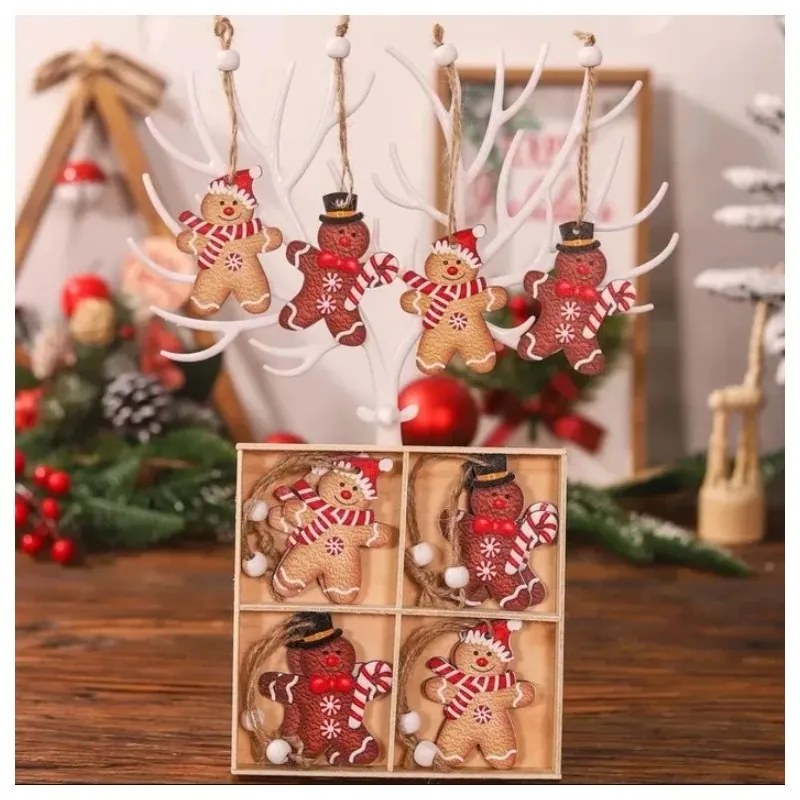 Set decoratiuni de Craciun din lemn GINGERBREAD, 12 buc