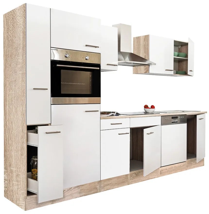 Mobilă de bucătărie Yorki 310, corp din stejar Sonoma, cu față alb satinat