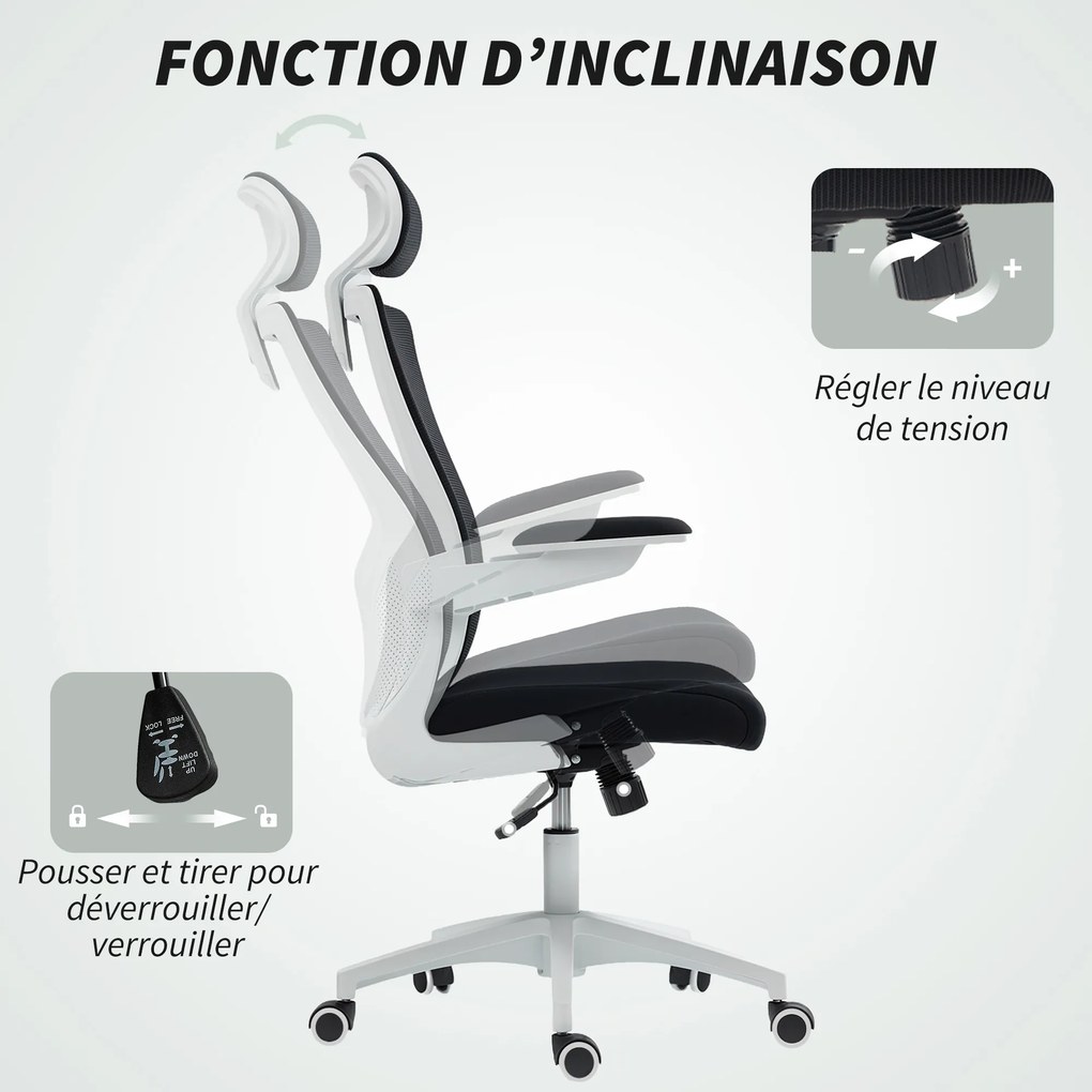 HOMCOM Scaun de birou ergonomic, fotoliu de birou, brațe rabatabile, suport lombar, tetieră, 60x63x120cm, negru | Aosom Romania